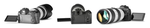 Preview: Modern photo camera isolated on white, set. View from different sides
