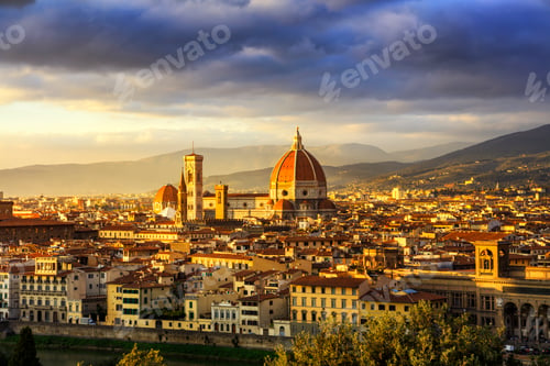 Preview: Florence or Firenze, Duomo Cathedral landmark. Sunset view from Michelangelo park. Italy