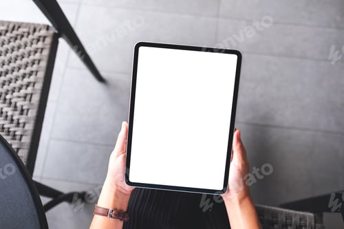 Preview: Top view mockup image of a woman holding digital tablet with blank white desktop screen