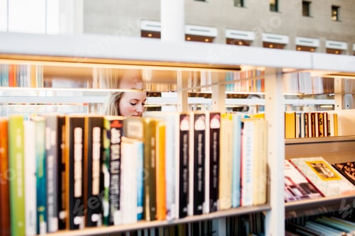 Preview: A serene moment of book browsing at the library.