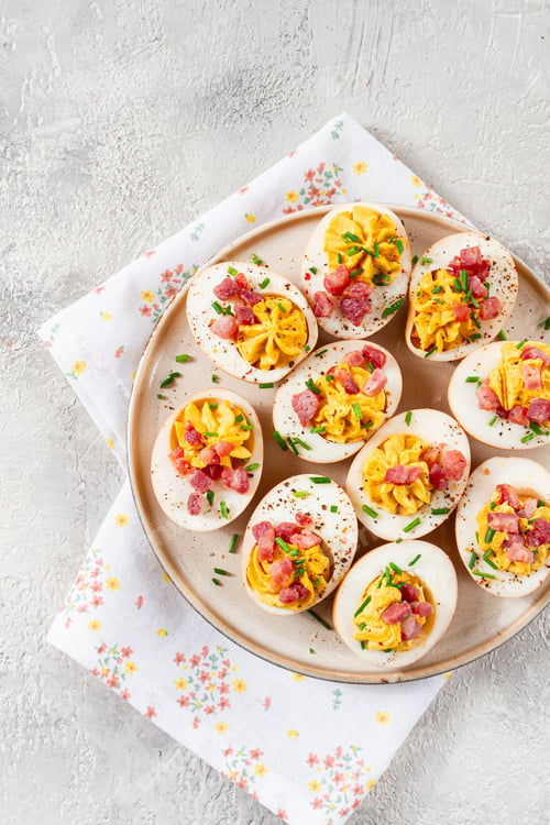 Preview: Spicy, stuffed ramen eggs, with bacon and green onions, homemade, no people,