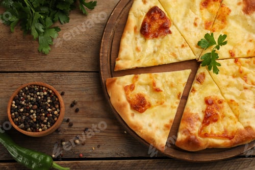 Preview: Delicious khachapuri with cheese on wooden table, flat lay