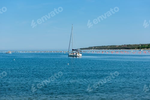 Preview: Ship sailing on the open sea under clear cloudless sky