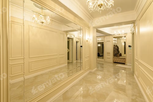 Preview: Modern luxury beige and golden corridor and entrance hall