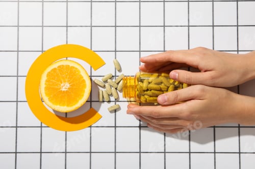 Preview: Bio-supplement vitamin C, in tablets on a light background.