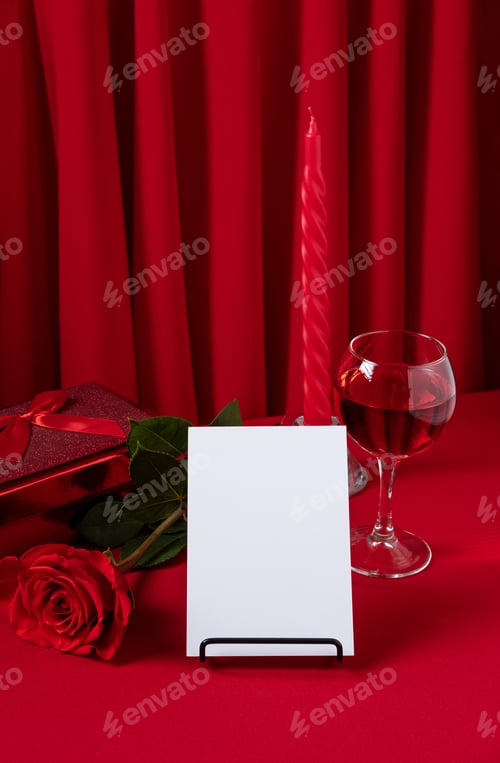 Preview: Valentine's Day blank message card with red rose and red gift box.