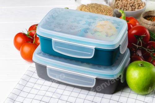 Preview: Closed plastic lunch box on kitchen table