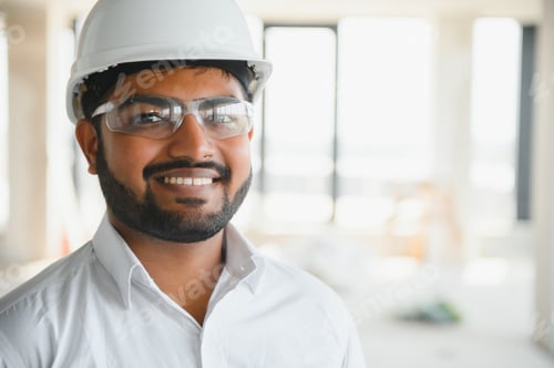 Preview: Construction concept. Portrait of a young architect at a construction site