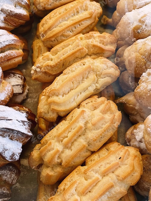 Preview: Selling buns. Bread rolls being sold at the market. Flat lay food. Food from above. Yummy unhealthy