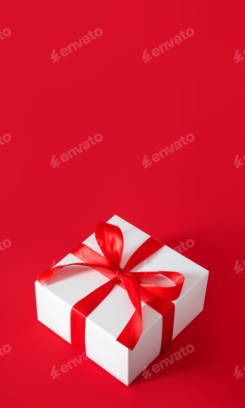 Preview: gift white box with red bow christmas background