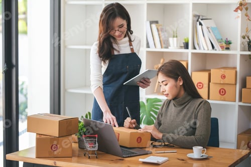 Preview: Small start-up business owners checking parcels at work, freelancers, salespeople, checking producti