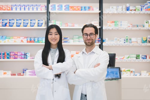 Preview: Druggists standing with arms crossed at the cash point desk in pharmacy drugstore