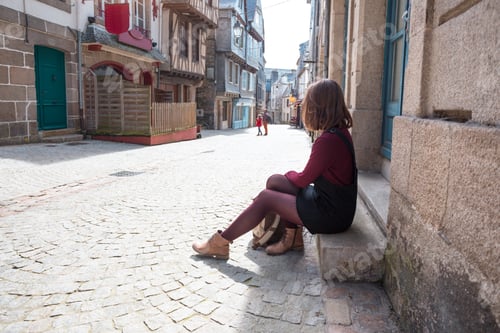 Preview: girl is walking in the old town Morlaix