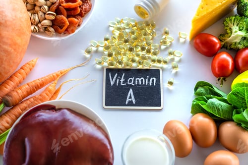 Preview: Products containing vitamin A. Selective focus.