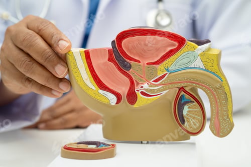 Preview: Male reproductive system, Asian doctor holding human anatomy model