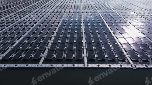 Preview: Solar power plant farm on beautiful lake. Floating solar panels providing green energy.