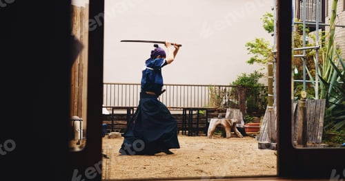 Preview: Dojo, Kenjutsu and sword with man in Japan for combat, martial arts or training, Culture, fighting