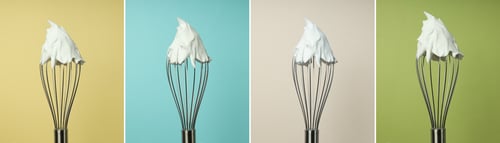 Preview: A collage of photos of protein cream on a pastry whisk.