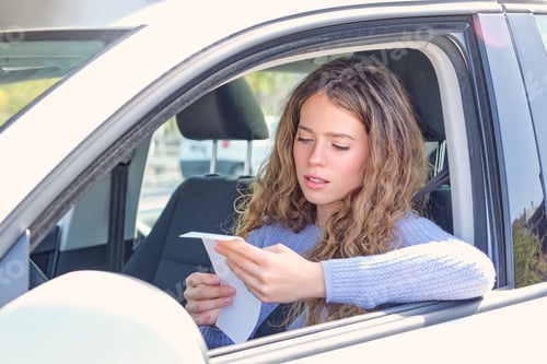 Preview: Young woman reading penalty receipt in car drivers seat
