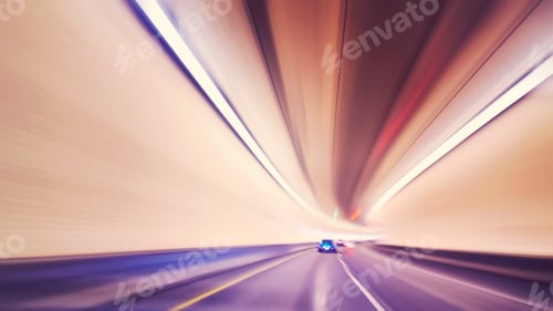 Preview: Vintage toned motion blurred car driving in tunnel.