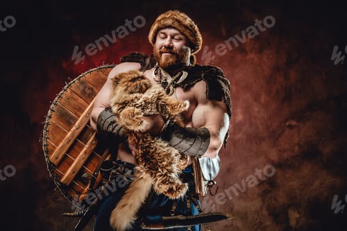 Preview: Viking with domestic cat in dark and red background