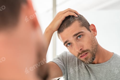 Vista previa: Young man checking hair in mirror