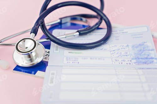 Preview: Stethoscope and pet animal vet passport. Time to do vaccination.