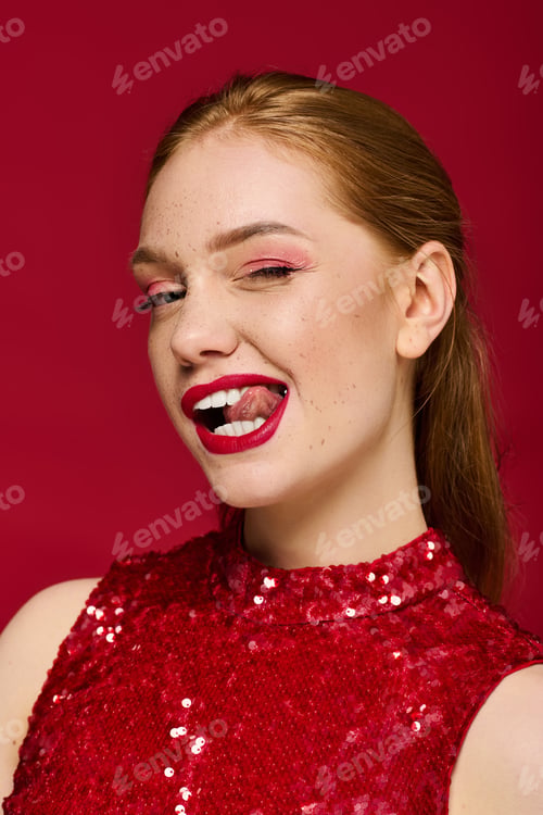 Preview: Joyful young woman playfully poses in vibrant red outfit against a rich backdrop