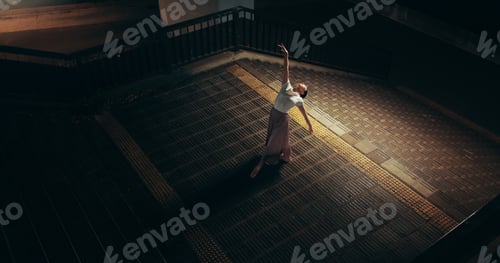 Preview: Ballet, dance and above with Japanese woman in city for balance, theater and elegant performance. T