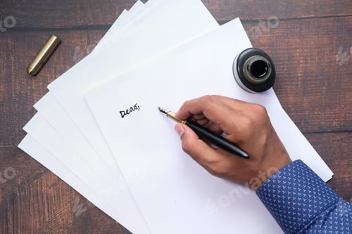 Preview: Top view of man hand writing a letter with fountain pen