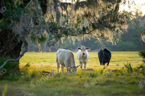 Preview: Feeding of cattle on farmland grassland. Milk cows grazing on green farm pasture on warm summer day