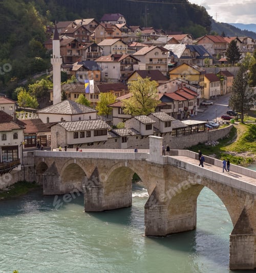 Preview: High-angle shot of the historic Mehmed Pasa Sokolovic Bridge in Visegrad, Bosnia and Herzegovina