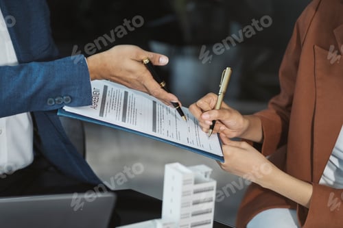 Preview: Real estate broker agent presenting and consult to customer to decision making sign insurance