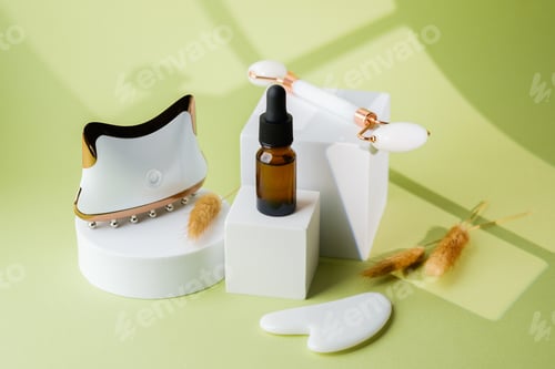 Preview: Cosmetic dropper bottle with facial roller gua sha stone and electronic massager