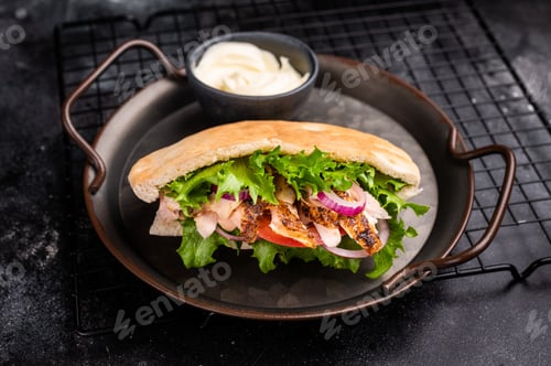 Preview: Gyros with grilled chicken meat, salad, tomato, onion, tzatziki in pita bread