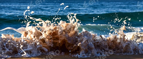 Preview: Waves splashing on the beach in a panorama photograph suitable for a natural background photograph.