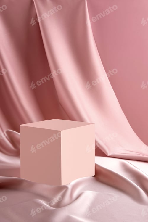 Preview: Pastel pink cube podium to show cosmetic products. Beauty product concept.