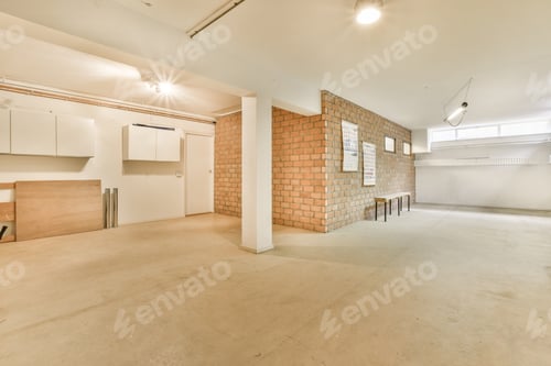 Preview: Empty Room Interior with Brick Wall and Bench