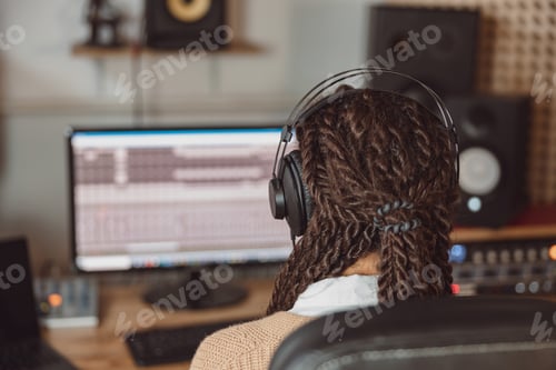 Preview: Musician producer, sound engineer uses control panel to record new album track in soundproof room