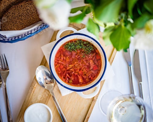 Preview: Overhead shot of a tasty borscht sopu served at a restaurant