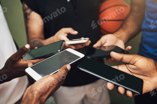 Preview: Teamwork, networking and hands of friends with phone and share for communication, internet and soci