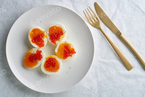 Preview: Soft-boiled eggs, peeled and cut into two halves, and salmon caviar lying on white plate