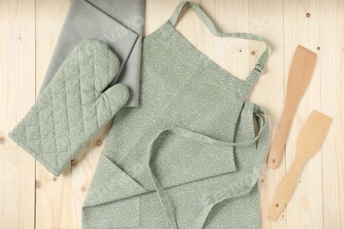 Preview: Kitchen napkin, apron, glove and spatulas on wooden table, flat lay