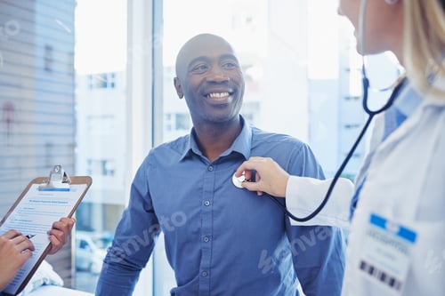 Preview: Cardiology doctor, patient and checkup of people in healthcare consultation, listening to heart and
