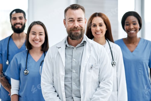Preview: Portrait of a group of medical practitioners standing together in a hospital