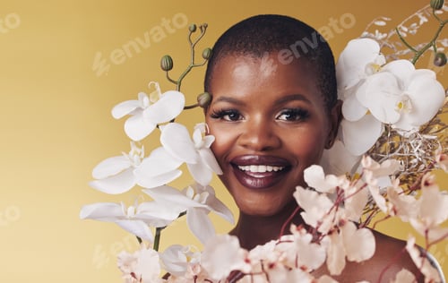 Preview: Black woman, flowers and beauty with portrait, smile with makeup and natural cosmetics isolated on