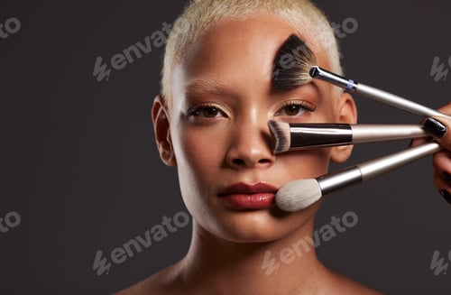 Preview: Woman, portrait and makeup brushes for beauty cosmetics, skincare or facial treatment against a gra