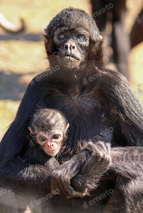 Preview: Vertical close-up shot of a mother monkey cradling her baby in lush green grass