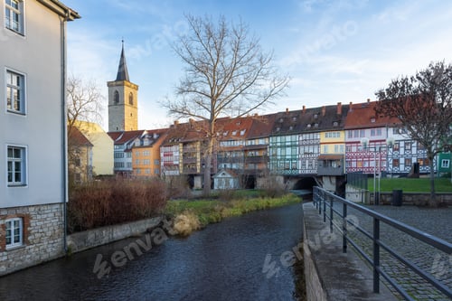 Preview: Merchants Bridge (Krämerbrücke) and Agidienkirche Church Tower - Erfurt, Thuringia, Germany