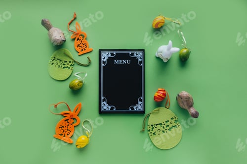 Preview: Menu chalkboard mockup with Easter decoration. Seasonal food in restaurants and cafes.